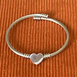 Letter Initial J Monogram Bracelet Silvertone Cable Style Bracelet Heart Charm